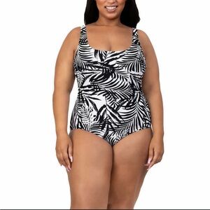 Black and White O.P. Tropical Palm Fronds Patterned Women's 1 Piece Swimsuit XL